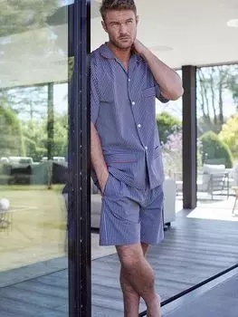 Пижамный комплект из хрустящего хлопка в полоску British Boxers Winchester, синий/белый