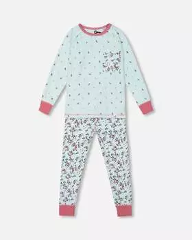 Пижамный комплект из органического хлопка с цветочным принтом цвета морской волны Deux par Deux, цвет aqua