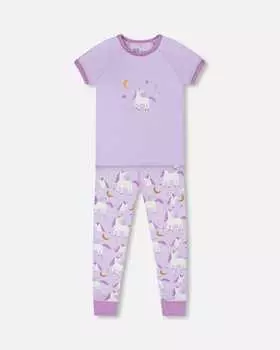 Пижамный комплект из органического хлопка с короткими рукавами и брюками, белый единорог на лиловом Deux par Deux
