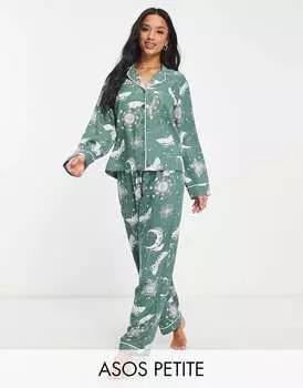 Пижамный комплект из рубашки и брюк с модальной астрологией ASOS DESIGN Petite шалфейного цвета