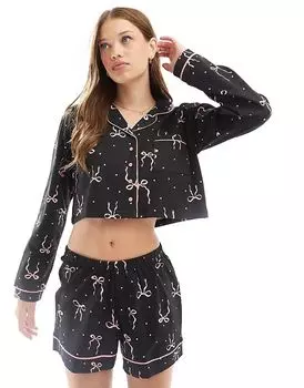Пижамный комплект из рубашки с длинными рукавами и шорт с бантом в черном и розовом цветах Wednesday's Girl