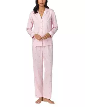 Пижамный комплект из сатина с длинными рукавами и воротником-стойкой Ralph Lauren, розовый