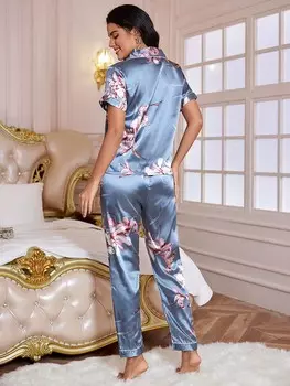 Пижамный Комплект Luxe Nights, воротник, цветочный узор, ткань атлас Shein, пастельно-синий