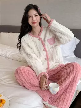 Пижамный Комплект, принт с буквами и медведем, контрастная цветная кайма, пуговицы спереди Dazy, розовый