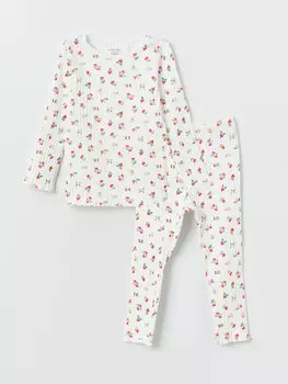 Пижамный комплект с длинными рукавами и круглым вырезом для маленьких девочек LCW baby, экрю с принтом