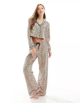 Пижамный комплект с длинными рукавами и леопардовым принтом бежевого цвета Wednesday's Girl