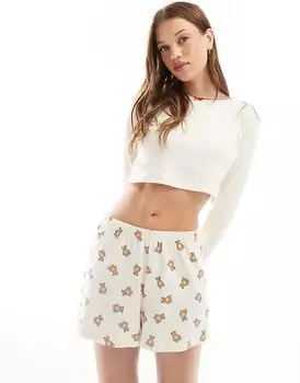 Пижамный комплект с длинными рукавами и принтом Тедди в кремовом цвете Wednesday's Girl