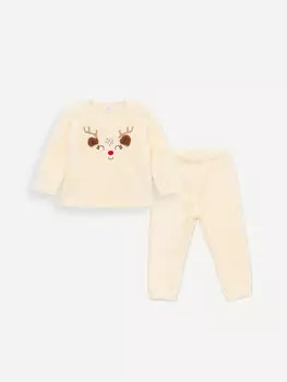 Пижамный комплект с круглым вырезом и длинными рукавами в новогоднем стиле для маленьких девочек LCW baby, кремового цвета
