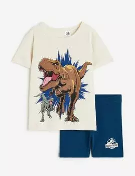 Пижамный комплект с принтом Мир Юрского периода H&M Jurassic World Print, белый/синий