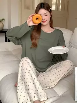 Пижамный Комплект с простыми длинными брюками свободного кроя и цветочным узором Ditsy Dazy, темно-зеленый