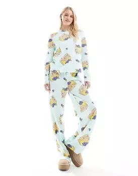 Пижамный комплект Tall pancakes с длинными рукавами и брюками синего цвета ASOS DESIGN