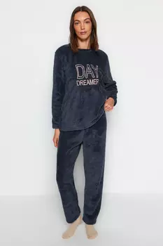 Пижамный комплект - Темно-синий - Слоган Trendyol, темно-синий