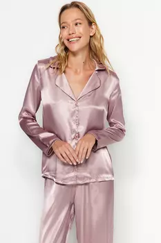 Пижамный комплект Trendyol из атласной рубашки и брюк, коричневый