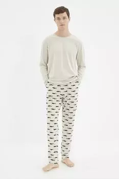 Пижамный комплект Trendyol мужской трикотажный стандартного кроя с принтом, бежевый