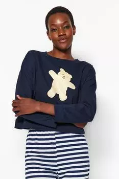 Пижамный комплект Trendyol с принтом плюшевого мишки, темно-синий