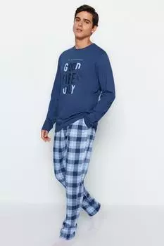 Пижамный комплект Trendyol стандартного кроя в клетку, синий