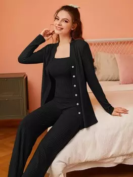 Пижамный Комплект Unity, халат, рубашка на пуговицах спереди, майка и длинные брюки Shein, черный