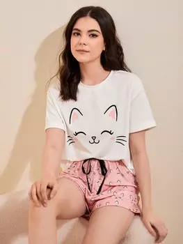 Пижамный Комплект Unity, кошачий принт, бантик спереди Shein, мультиколор