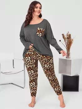 Пижамный Комплект Unity Plus с леопардовым принтом Передний карман, заниженная линия плеча Shein, мультиколор