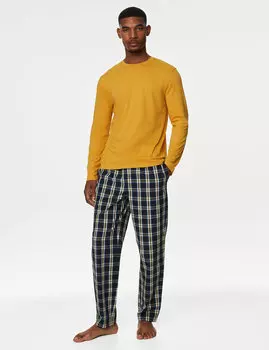 Пижамный комплект в клетку из чистого хлопка Marks & Spencer, желтый микс
