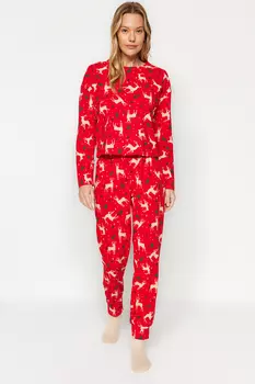 Пижамный комплект вязаный Trendyol с новогодней тематикой, красный
