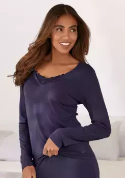 Пижамный топ LASCANA с кружевными деталями, синий