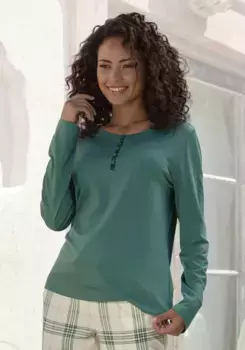 Пижамный топ Vivance Dreams с бархатной планкой на пуговицах, зеленый