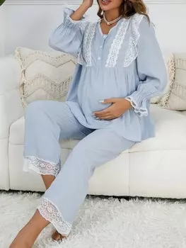 Пижамы для мам Имеет контрастные кружевные оборки, рукава-фонарики, воланный низ Shein, синий