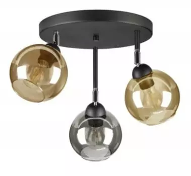 Плафон, потолочный светильник с 3 стеклянными плафонами медового, золотого, черного, прозрачного цвета, 3x E37 kiki design, черный