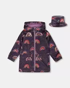 Плащ-дождевик с принтом и шапкой Радуга на блестящем фоне Deux par Deux, цвет rainbow on shiny background