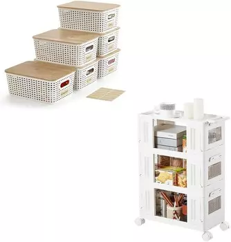 Пластиковые контейнеры для хранения с бамбуковыми крышками, 6 упаковок + 3-ярусная передвижная пластиковая тележка на колесах Bagnizer, White