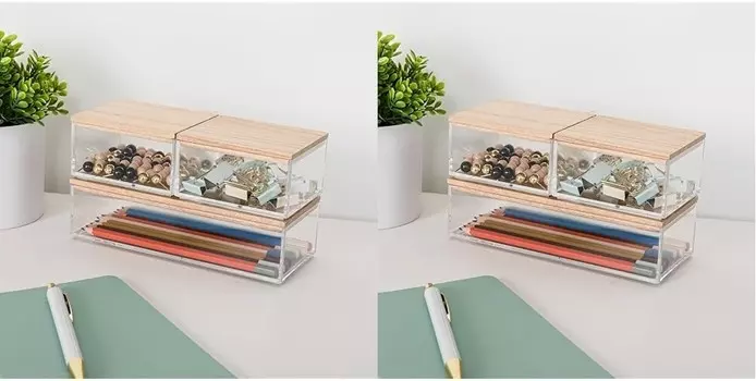 Пластиковые контейнеры-органайзеры Martha Stewart Brody для хранения с крышками из дерева павловнии для домашнего офиса, кухни или ванной комнаты, 6 шт., 2 маленьких/1 средний, прозрачный/светлый натуральный