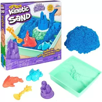 Пластиковый кинетический песок Набор Kinetic Sand замок из синего песка + лоток для форм и аксессуары Spin Master