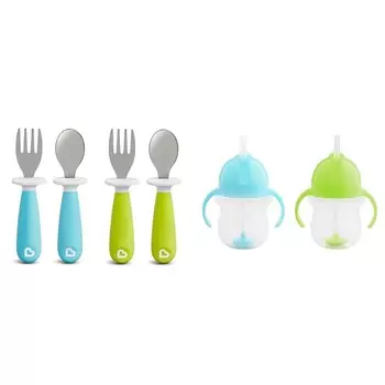Пластиковый набор посуды для малышей Munchkin® Raise™, вилка и ложка, 4 шт., синий/зеленый и утяжеленная соломенная чашка для тренировок Any Angle™ с крышкой Click Lock™, 7 унций, 2 шт (1 шт. в упаковке), синий/зеленый, Blue/Green