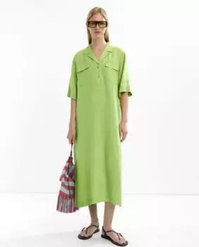 Платье 100% лен с французским рукавом и декоративными карманами Parfois, зеленый
