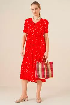 Платье 1976 С V-образным Вырезом С Узором - Красный Bigdart