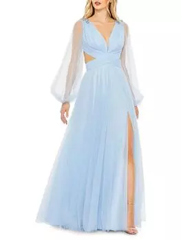 Платье А-силуэта из тюля с пышными рукавами Mac Duggal, цвет Ice Blue