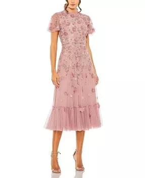 Платье А-силуэта Mac Duggal с высоким воротником, цветочной аппликацией и бисером, розовый