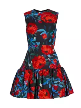 Платье А-силуэта с цветочным принтом и объемным подолом Lela Rose, черный