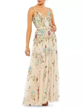 Платье А-силуэта с цветочным принтом и пайетками Mac Duggal, цвет Beige Multi