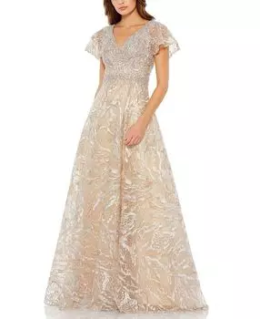 Платье А-силуэта с декорированными рукавами-бабочками и иллюзией Mac Duggal, золотой