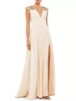 Платье А-силуэта с короткими рукавами и бисером Mac Duggal, цвет Vanilla