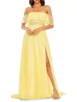 Платье А-силуэта с открытыми плечами Mac Duggal, лимон