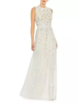 Платье А-силуэта с рюшами и цветочным принтом Mac Duggal, цвет Ivory Multi