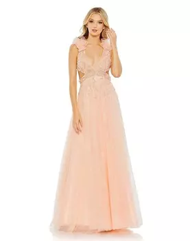 Платье А-силуэта с рюшами и вырезами на плечах Mac Duggal, персик