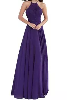 Платье А-силуэта с вышивкой и халтер-воротником фиолетового цвета JOVANI