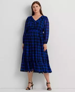 Платье А-силуэта в клетку буффало больших размеров Lauren Ralph Lauren, синий