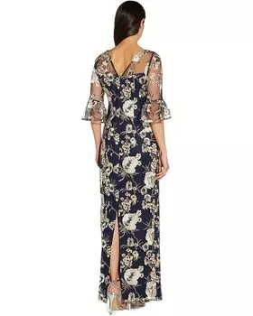 Платье Adrianna Papell Bell Sleeve Embroidered Column Gown, темно-синий
