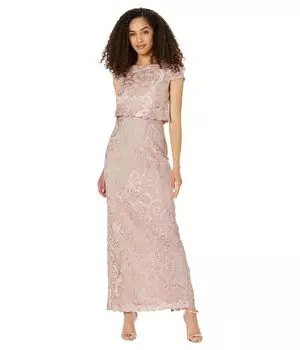 Платье Adrianna Papell, Embroidered Lace Long Pop Over Mob Column Gown