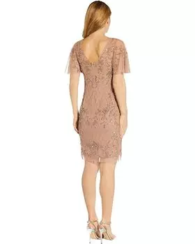 Платье Adrianna Papell Flutter Sleeve Beaded Cocktail Dress, розовое золото